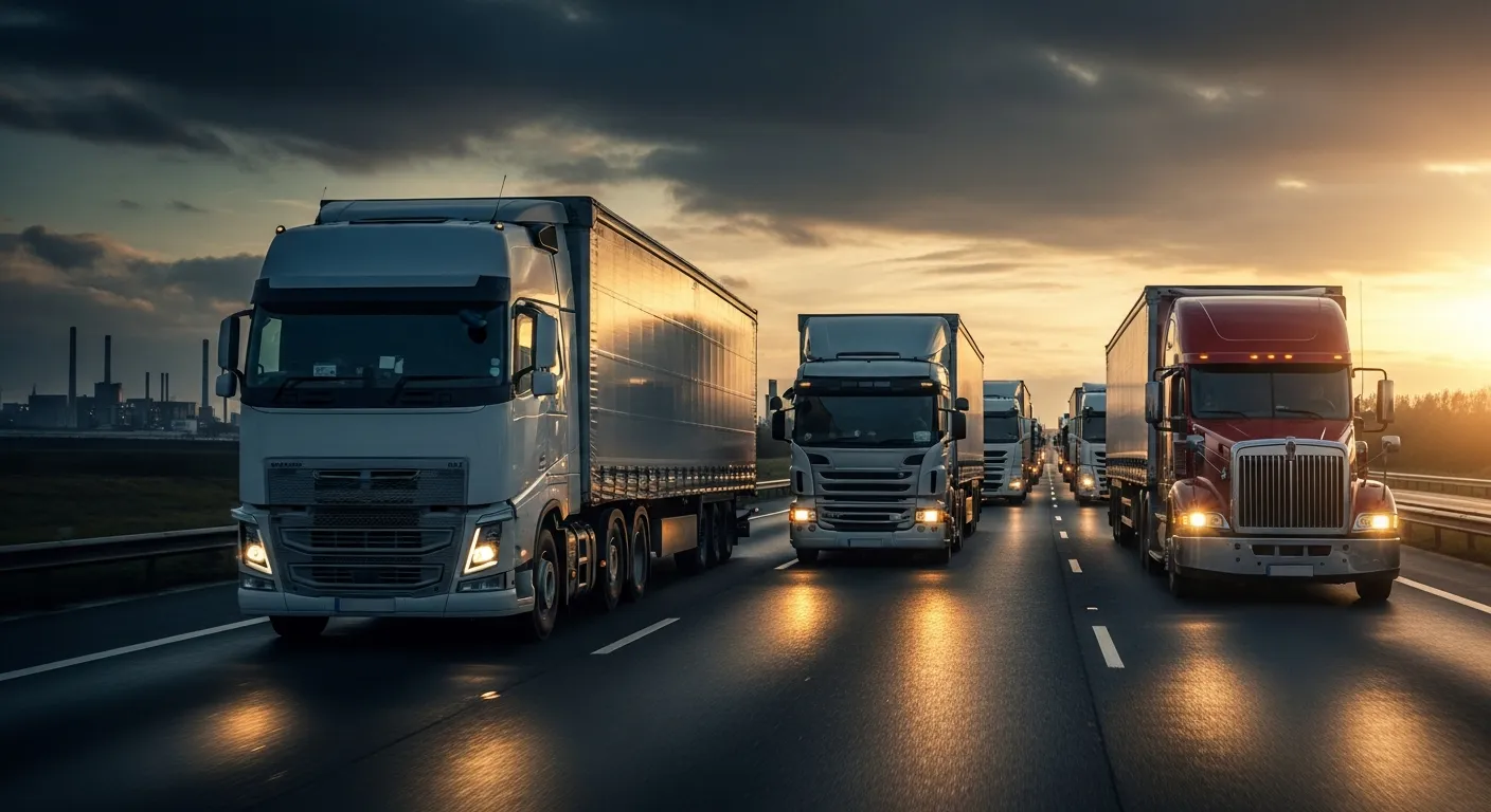 Fleet of commercial semi trucks lined up — South Florida truck financing